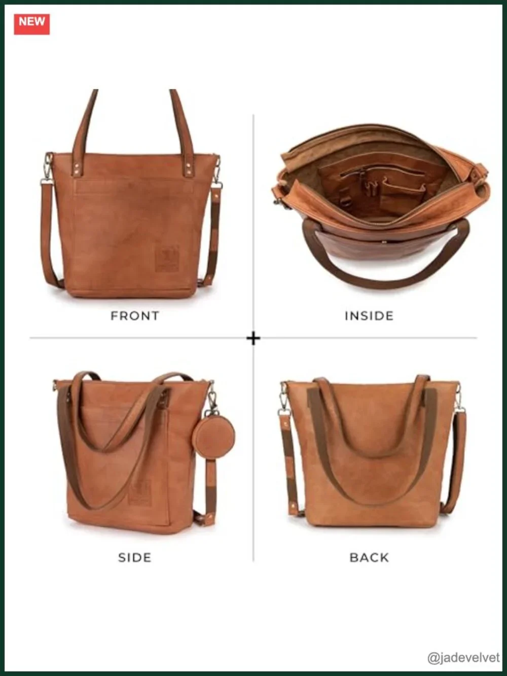 Genuine Leather Large Tote Bag Detachable Crossbody Strap YKK Zippers